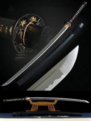 Handmade Japanese Samurai Sword With Blue Blade And Black Scabbard