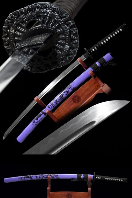 Japanese Samurai Katana T10 Steel Clay Tempered with Blue Saya Buddha Sword